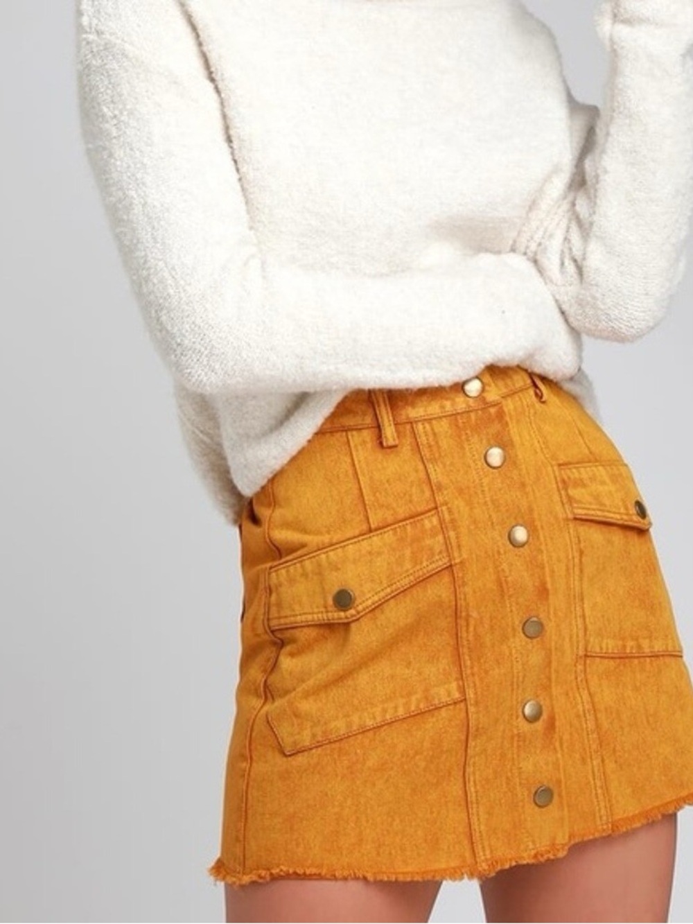 Lulu's Mustard Yellow Button-Front Denim Mini Skirt